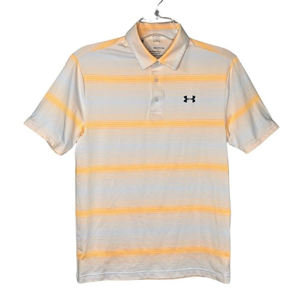 Under Armour Shirt Men Small White Orange Stripe Playoff Polo Casual Sportswear